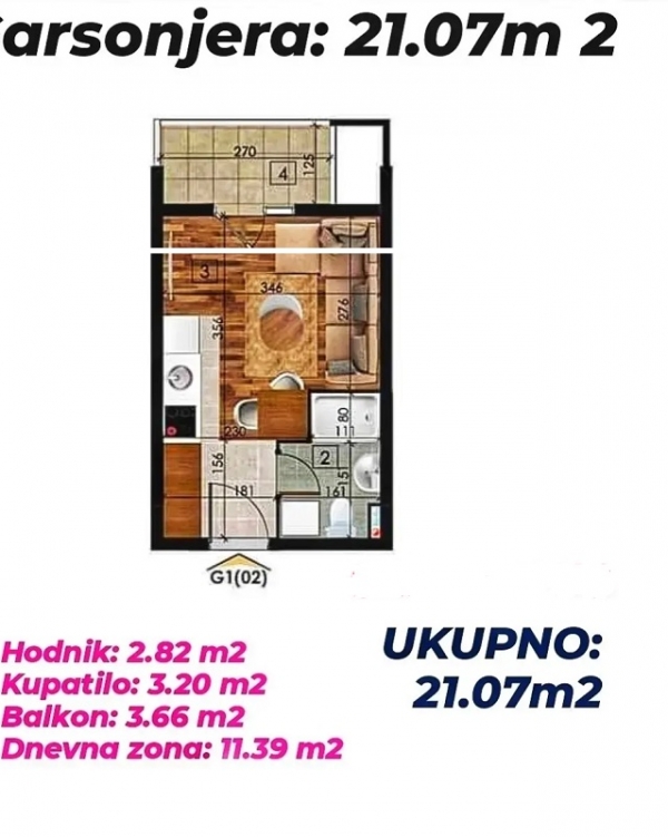 Zabjelo - Ulica Iva Vizina, 21m2 + parking mjesto, III/IV sprat, 46.500€